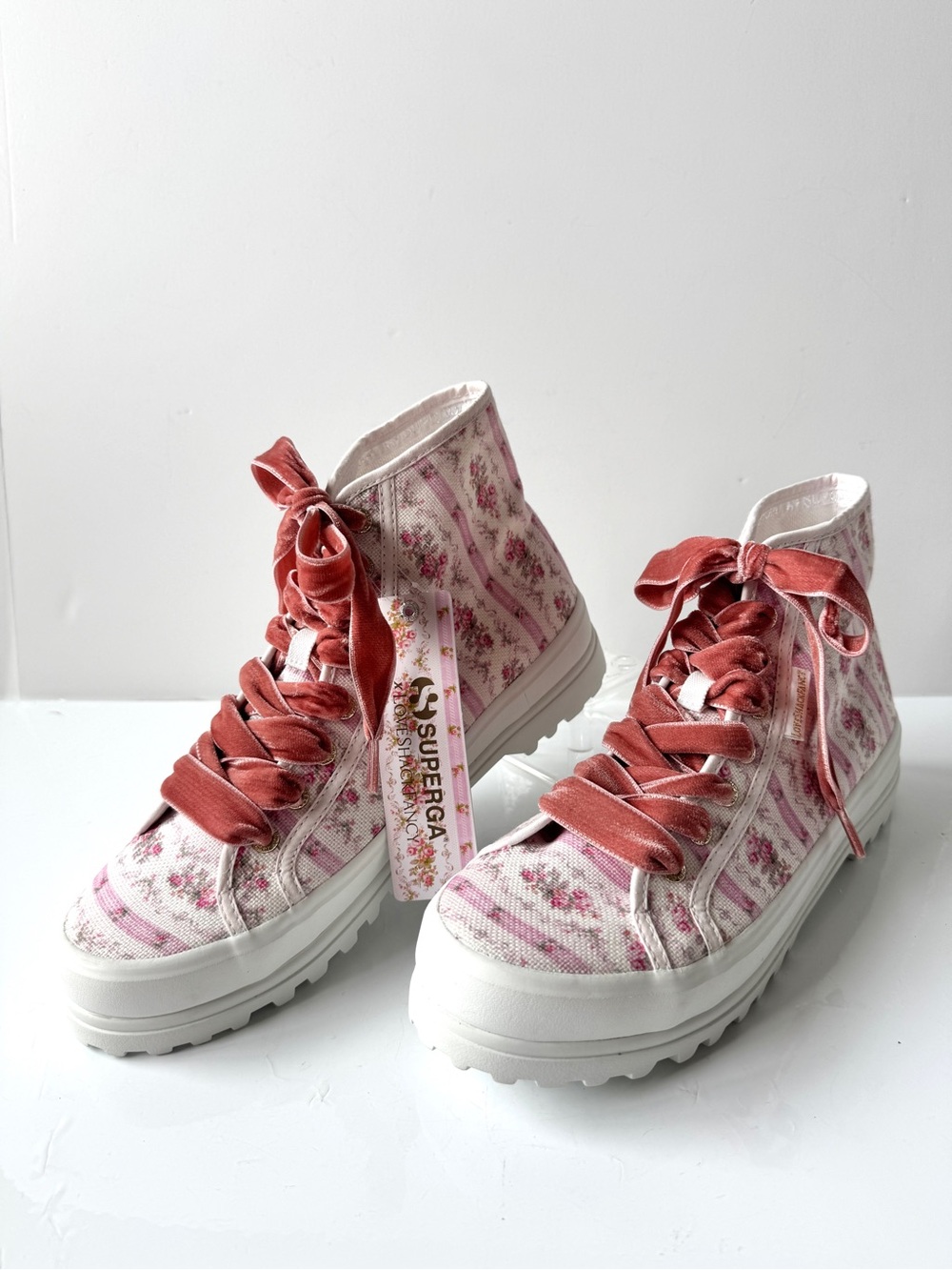 Superga x LoveShackFancy 2341 Alpina Pink Floral Velvet-Lace High-Top Sneakers
